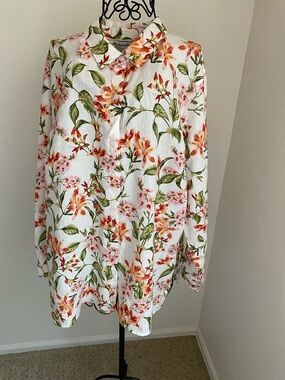 Tommy Bahama White Floral Button-Front Linen Top with Coral Pink & Green Print